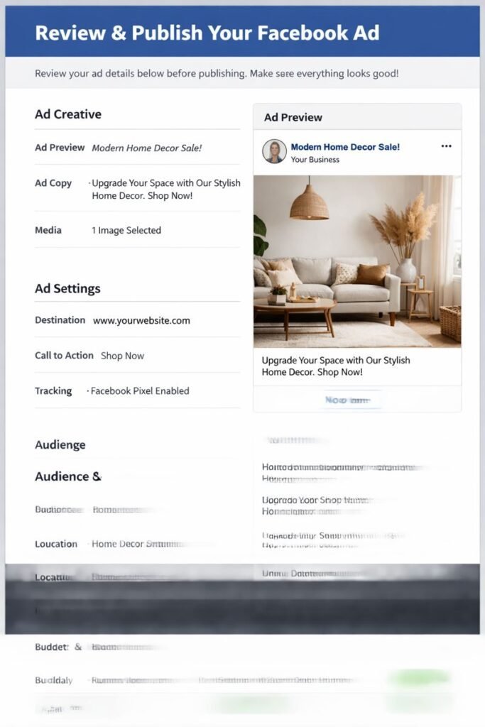 Facebook Ads Manager review and publish screen showing campaign details, ad set settings, budget summary, placements, and tracking status before publishing the ad.