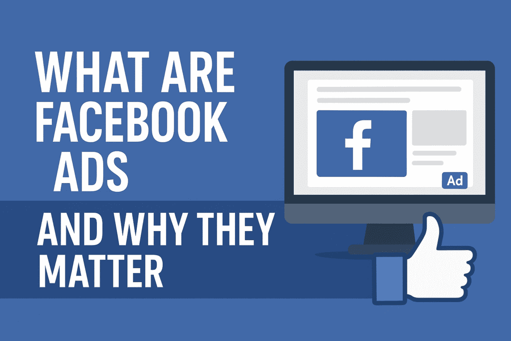 Feature image explaining Facebook Ads with bold text “What Are Facebook Ads and Why They Matter,” showing a computer screen displaying a Facebook ad, the Facebook logo, and a thumbs-up icon on a blue background, representing digital marketing and social media advertising.