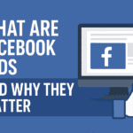 Feature image explaining Facebook Ads with bold text “What Are Facebook Ads and Why They Matter,” showing a computer screen displaying a Facebook ad, the Facebook logo, and a thumbs-up icon on a blue background, representing digital marketing and social media advertising.