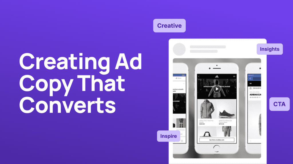 Digital marketing illustration showing “Creating Ad Copy That Converts” with mobile ad previews, highlighting creative elements, call-to-action buttons, and ad performance insights.