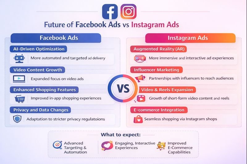 An infographic showing the future of Facebook Ads vs Instagram Ads. The image compares upcoming trends such as AI-driven optimization, video content growth, enhanced shopping features, and privacy updates for Facebook Ads, while Instagram Ads focus on augmented reality experiences, influencer marketing, video and reels expansion, and e-commerce integration. The visual highlights how both platforms are evolving toward advanced targeting, interactive experiences, and improved online shopping capabilities.