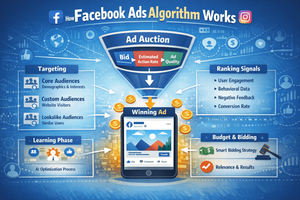 Infographic explaining how Facebook ads algorithm works with ad auction, targeting, relevance score, and bidding system

Visual representation of Facebook ads algorithm showing bid, estimated action rate, ad quality, and winning ad process

Diagram of how Facebook ads algorithm works including audience targeting, ranking signals, learning phase, and budget optimization

Illustration explaining Facebook ads algorithm with ad auction funnel, AI optimization, and conversion ranking factors

Facebook ads algorithm workflow image showing targeting, bidding strategy, ranking signals, and AI learning phase