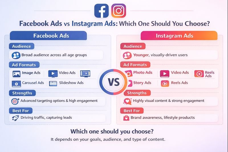 An infographic comparing Facebook Ads and Instagram Ads, highlighting which platform to choose based on marketing goals. The image shows Facebook Ads focusing on broad audiences, image and video ads, carousel and slideshow formats, and strengths like advanced targeting and lead generation. Instagram Ads focus on younger, visually driven audiences with photo, video, story, and reels ads, emphasizing strong engagement and brand awareness. A central “VS” graphic helps compare both platforms, concluding that the best choice depends on goals, audience, and content type.