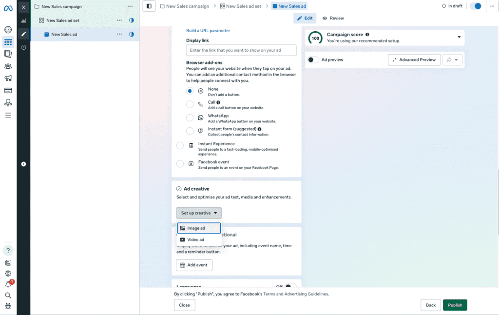 Meta Ads Manager ad level creation screen showing ad format selection, media upload, primary text, headline, call-to-action button, and live ad preview for Facebook and Instagram.