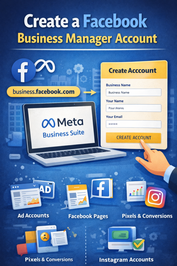 Create a Facebook Business Manager account infographic showing the Meta Business Suite dashboard, business.facebook.com signup form, and setup of ad accounts, Facebook pages, Instagram accounts, and pixels for running Facebook ads.