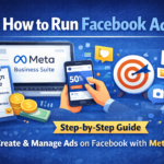 How to run Facebook ads step-by-step featured image showing Meta Business Suite dashboard, campaign objective checklist, budget and targeting setup, ad creation on mobile, and performance tracking icons.