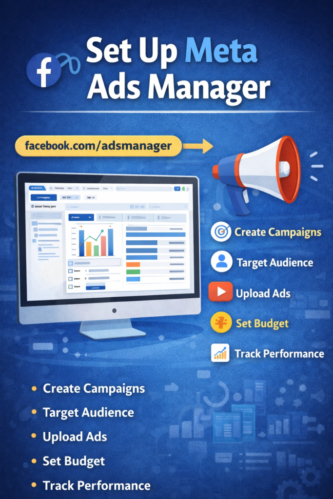 Set up Meta Ads Manager infographic showing the Facebook Ads Manager dashboard, campaign creation, audience targeting, ad upload, budget setup, and performance tracking for running Facebook ads step by step.