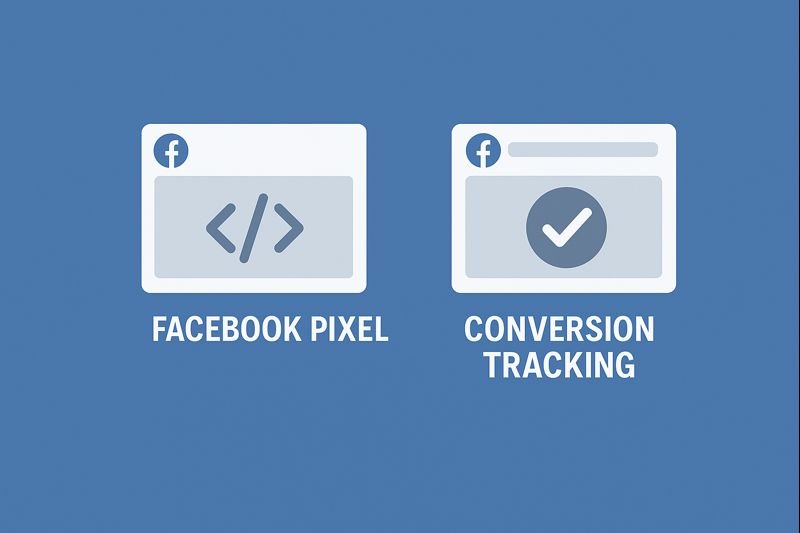 Illustration showing Facebook Pixel and Conversion Tracking with two side-by-side panels on a blue background—one panel displays code brackets representing the Facebook Pixel, and the other shows a checkmark icon representing conversion tracking, highlighting website event tracking and ad performance measurement.
