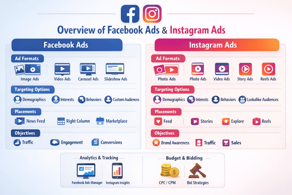 An infographic showing an overview of Facebook Ads and Instagram Ads. The image compares ad formats, targeting options, placements, and objectives on both platforms. Facebook Ads include image, video, carousel, and slideshow ads with targeting based on demographics, interests, behaviors, and custom audiences. Instagram Ads highlight photo, video, story, and reels ads with targeting options like demographics, interests, behaviors, and lookalike audiences. The visual also displays analytics, tracking tools, budget planning, and bidding strategies for both platforms.
