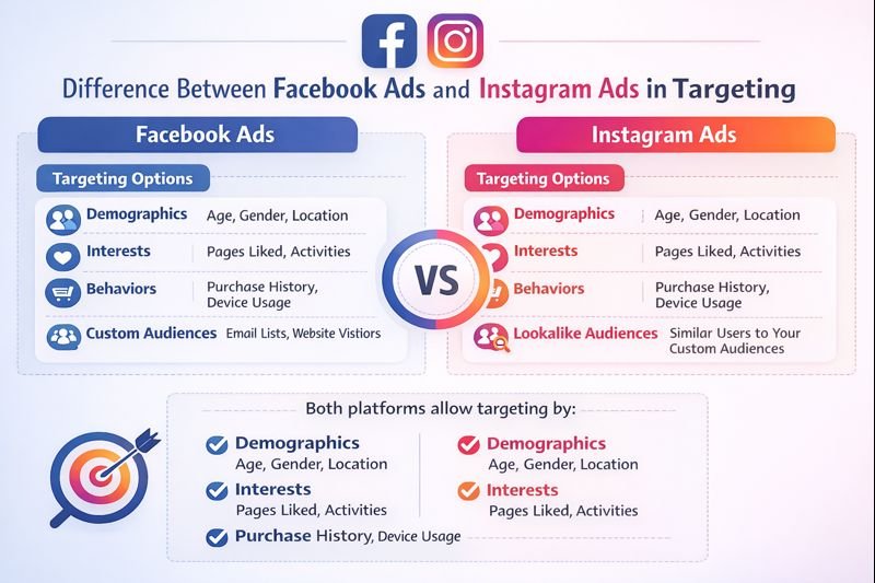 A comparison infographic showing the difference between Facebook Ads and Instagram Ads in targeting. The image highlights targeting options such as demographics, interests, behaviors, and custom audiences for Facebook Ads, while Instagram Ads focus on demographics, interests, behaviors, and lookalike audiences. A central “VS” symbol separates both platforms, and shared targeting features like age, gender, location, interests, and purchase behavior are visually displayed for easy comparison.