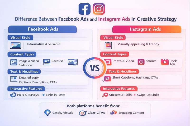 An infographic showing the difference between Facebook Ads and Instagram Ads in creative strategy. The image compares visual style, content types, text and headlines, and interactive features. Facebook Ads focus on informative and versatile content such as image, video, carousel, and slideshow ads with detailed captions, CTAs, polls, and links. Instagram Ads focus on visually appealing and trendy content like photos, videos, stories, and reels, using short captions, hashtags, stickers, and swipe-up links. The design highlights how both platforms benefit from catchy visuals, clear CTAs, and engaging content.