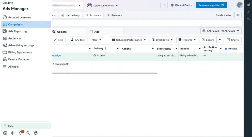 Meta Ads Manager campaign settings screen showing campaign objective selection, campaign name, budget optimization (CBO), A/B testing option, and special ad category setup for Facebook advertising.