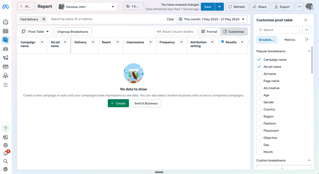 Virtual illustration of Facebook Meta Ads Manager campaign level settings, highlighting campaign objective selection, budget control, A/B testing toggle, and campaign configuration dashboard.