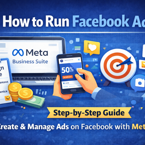 How to run Facebook ads step-by-step featured image showing Meta Business Suite dashboard, campaign objective checklist, budget and targeting setup, ad creation on mobile, and performance tracking icons.