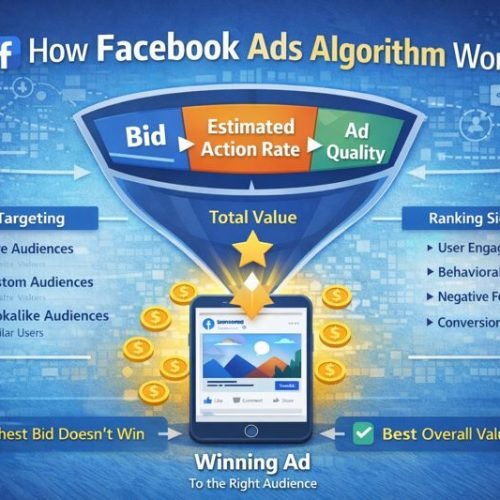 Featured infographic explaining how Facebook ads algorithm works using bid, relevance, ad quality, and auction-based ranking Visual guide of Facebook ads algorithm showing ad auction system, audience targeting, and best overall value winning Diagram illustrating how Facebook ads algorithm works including bid, estimated action rate, ad quality, and ranking signals Facebook ads algorithm featured image explaining why the highest bid does not always win and how ads are ranked Infographic of Facebook ads algorithm workflow showing targeting, ad auction, and winning ad delivery